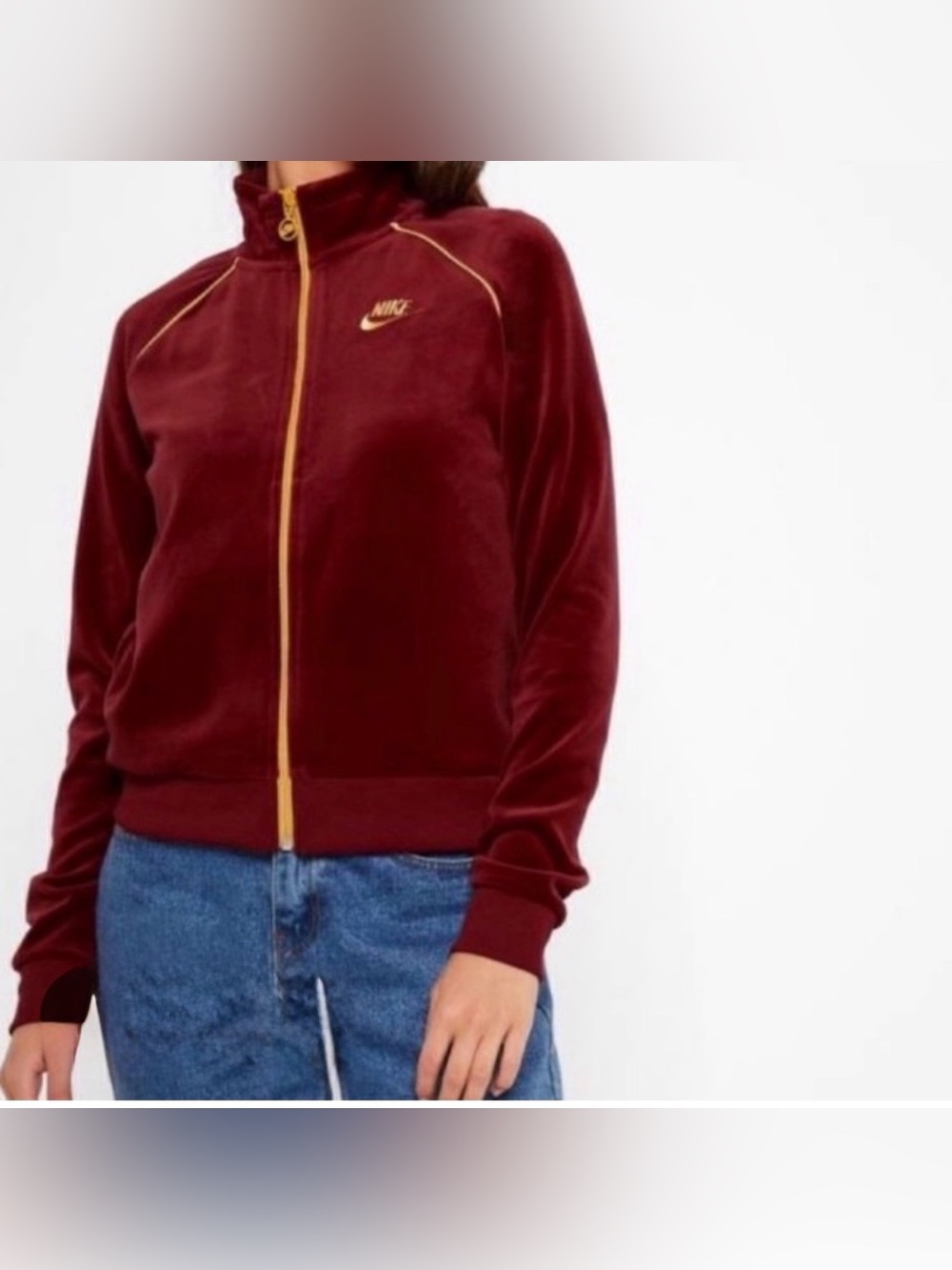 Nike Burgundy Velour Zip-Up Jacket with Gold Accents